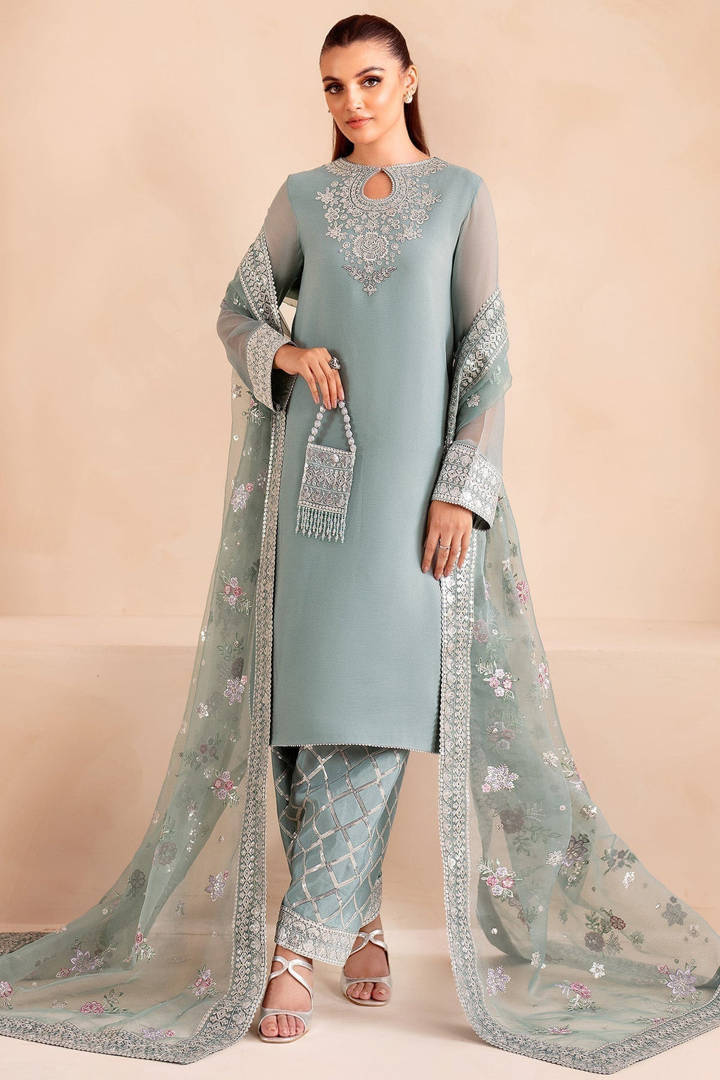 3 Piece Stitched Chiffon & Organza Suit -  Ready  to Wear