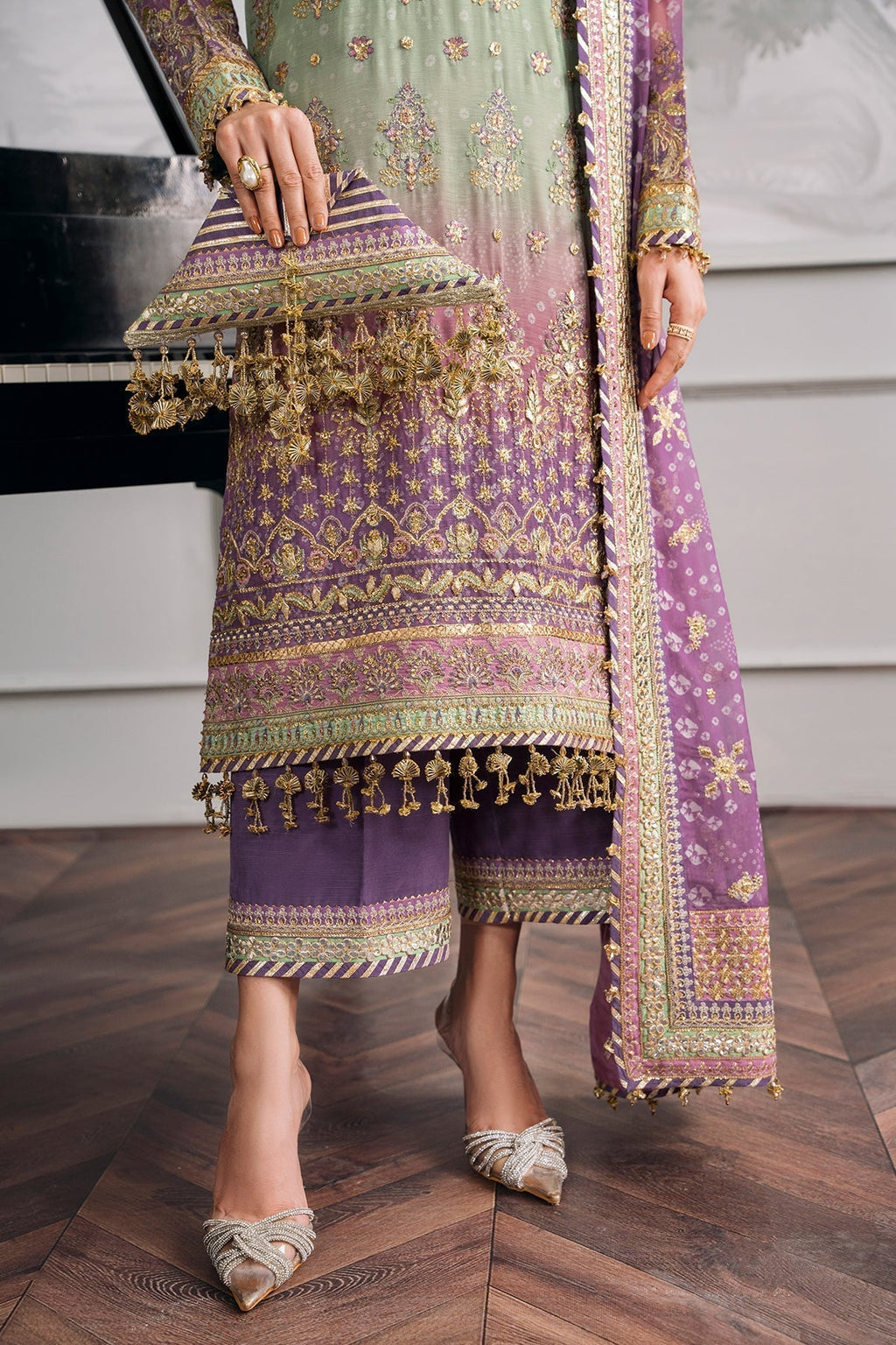 Back on Demand! Baroque stitched Chiffon Suit with Silk Trouser