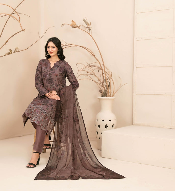 3 Piece Stitched Lawn suit – Alvira By Tawakkal Fabrics