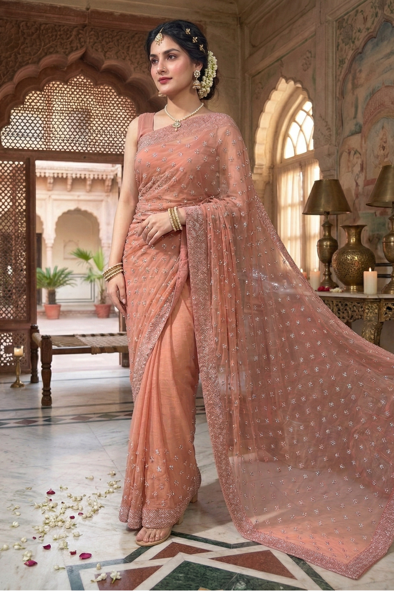 Chiffon Saree With Korean Stones & Pulse Work