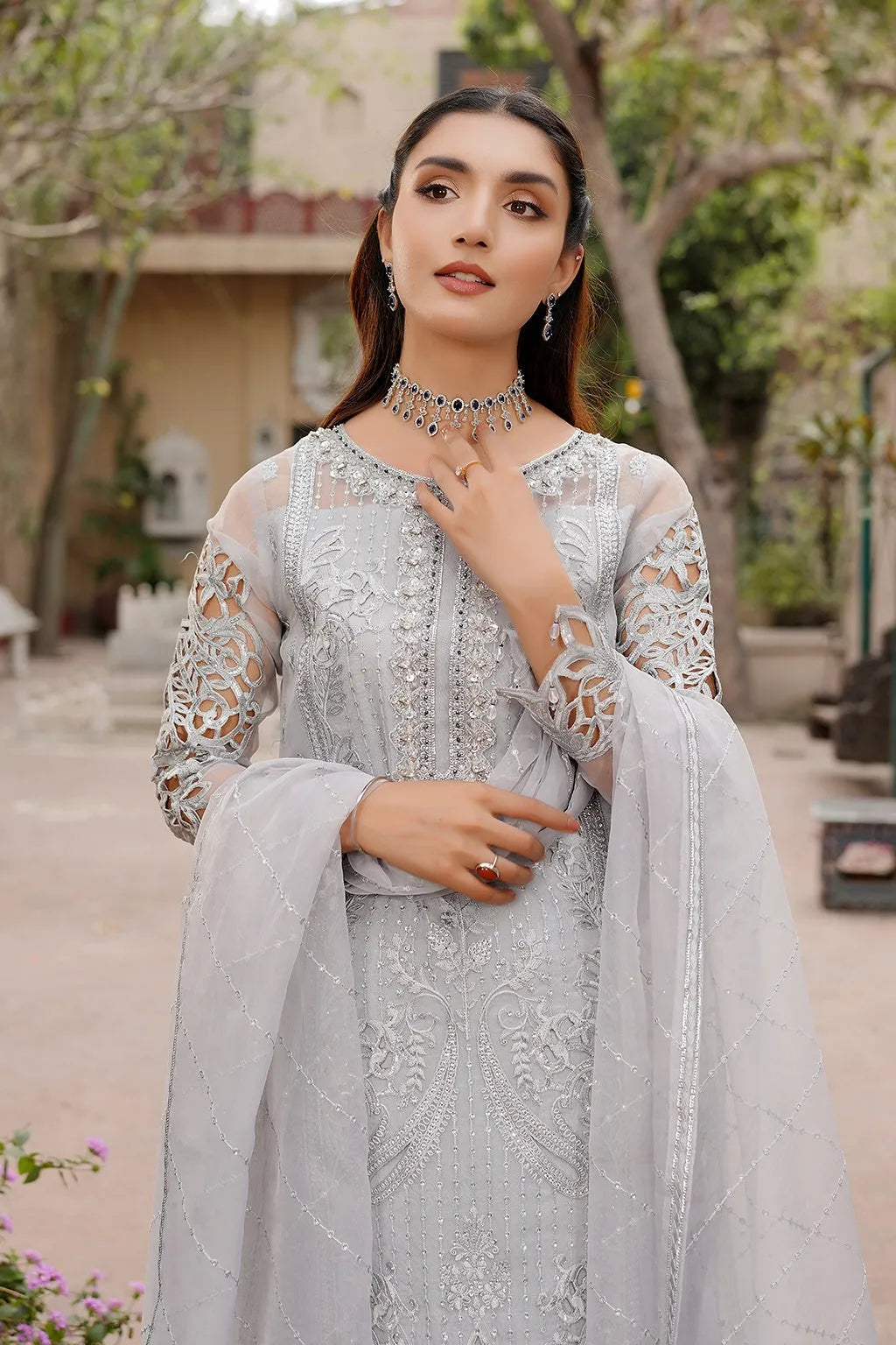 3 piece Stitched  Organza & Malai Bridal Suit