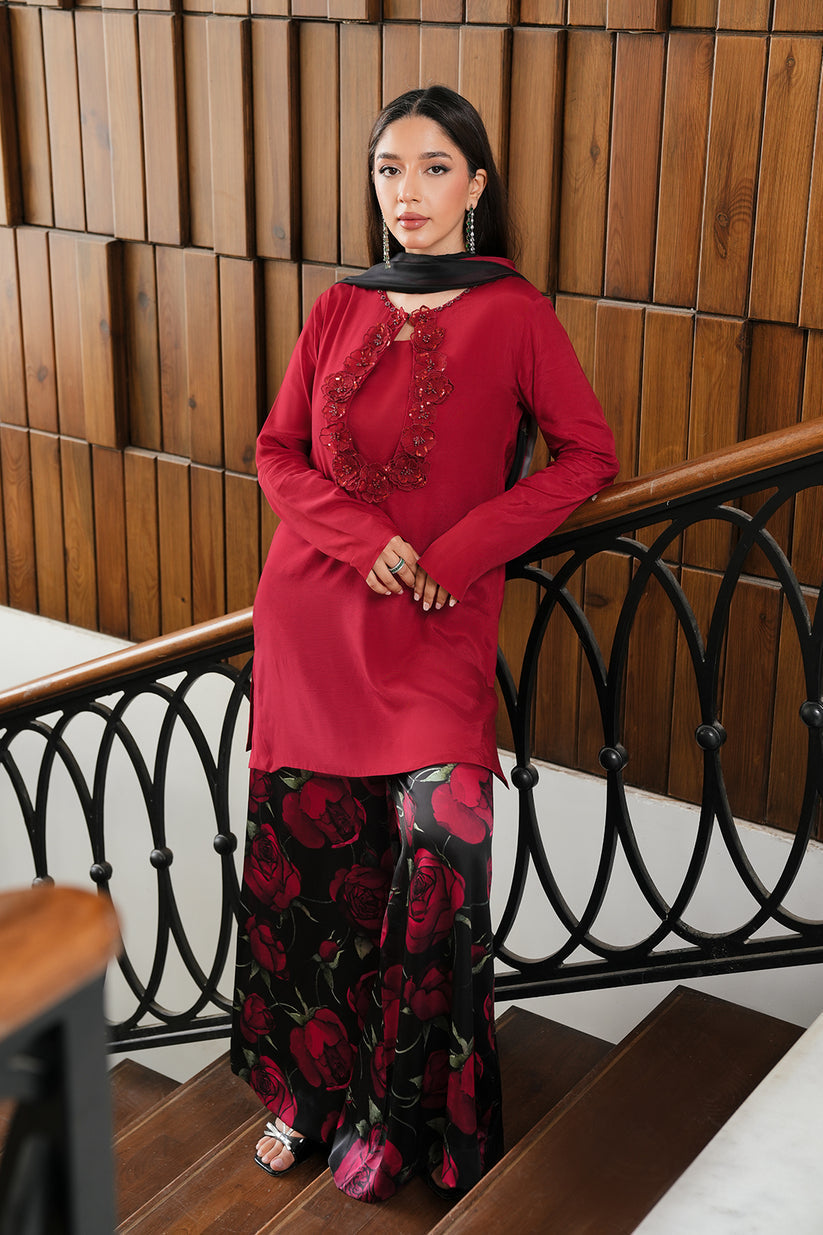 Lulusar New Arrival – Pure Raw Silk Embroidered Shirt with Digital Printed Trouser & Soft Silk Dupatta