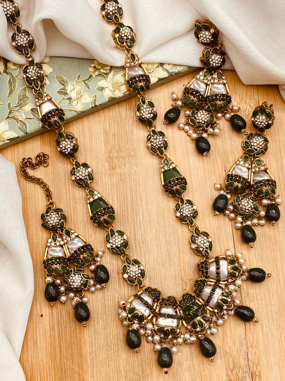 Elegant Long Mala Necklace Set with Mother of Pearl