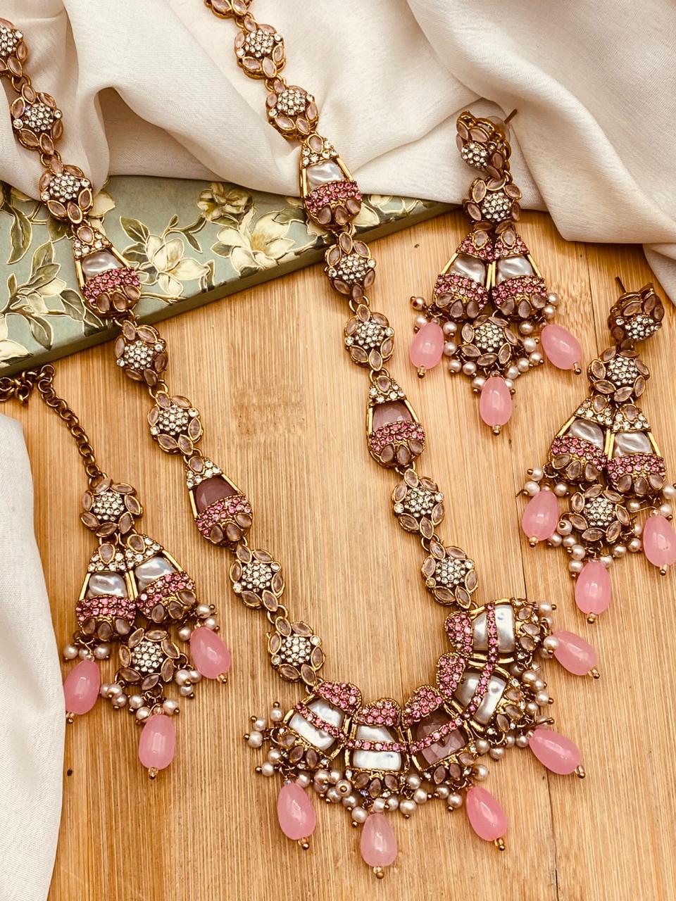 Elegant Long Mala Necklace Set with Mother of Pearl
