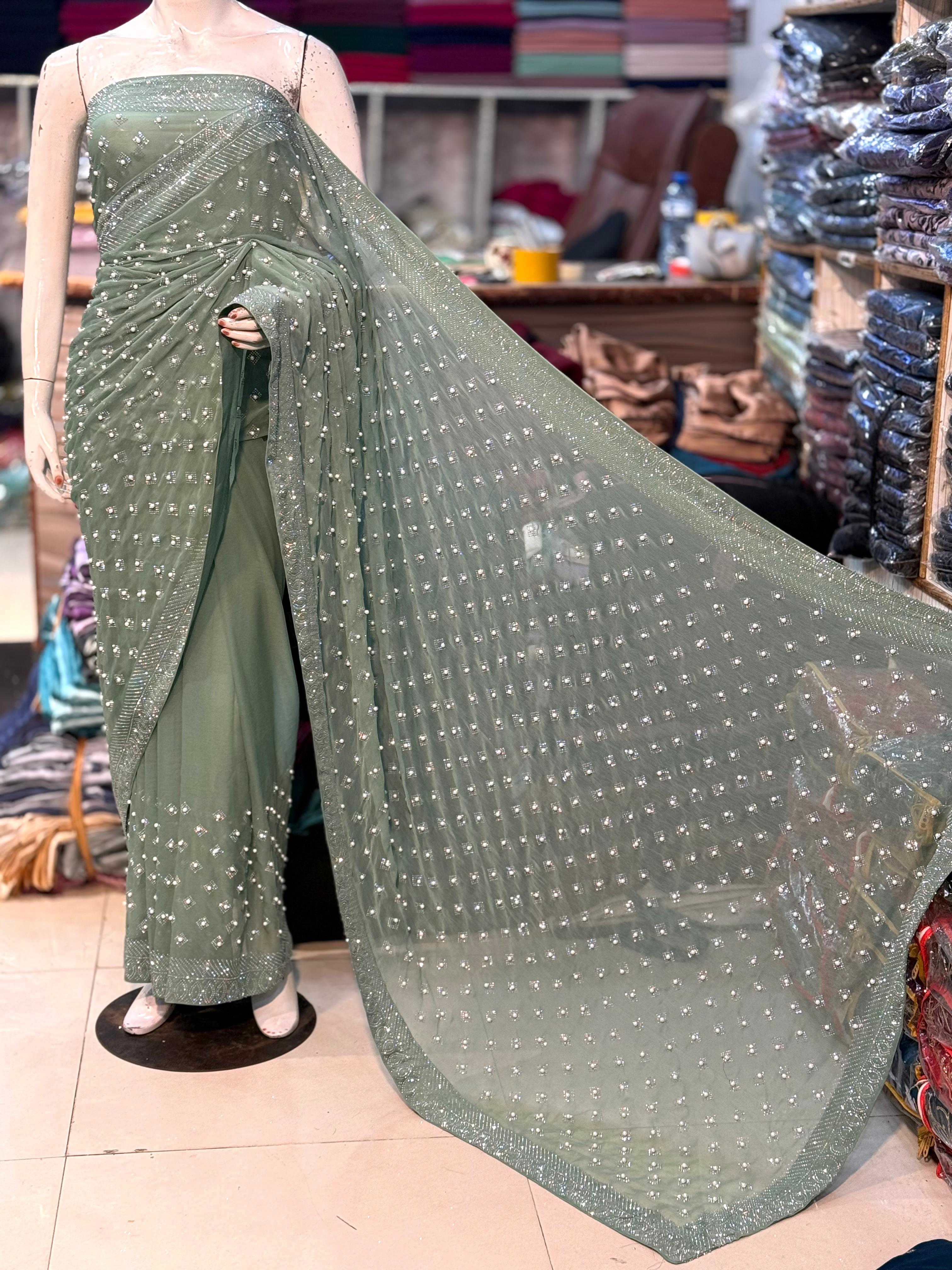 Chiffon Saree With Korean Stones & Pulse Work