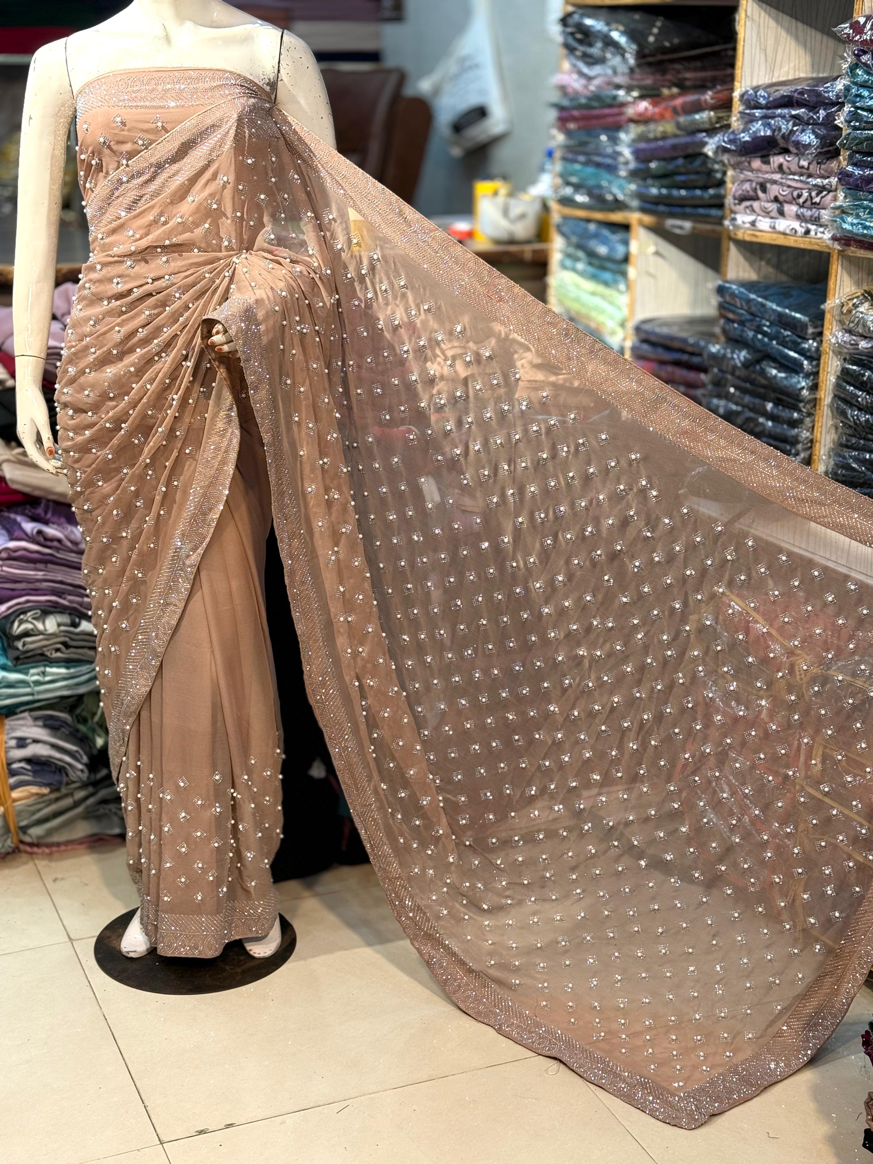 Chiffon Saree With Korean Stones & Pulse Work