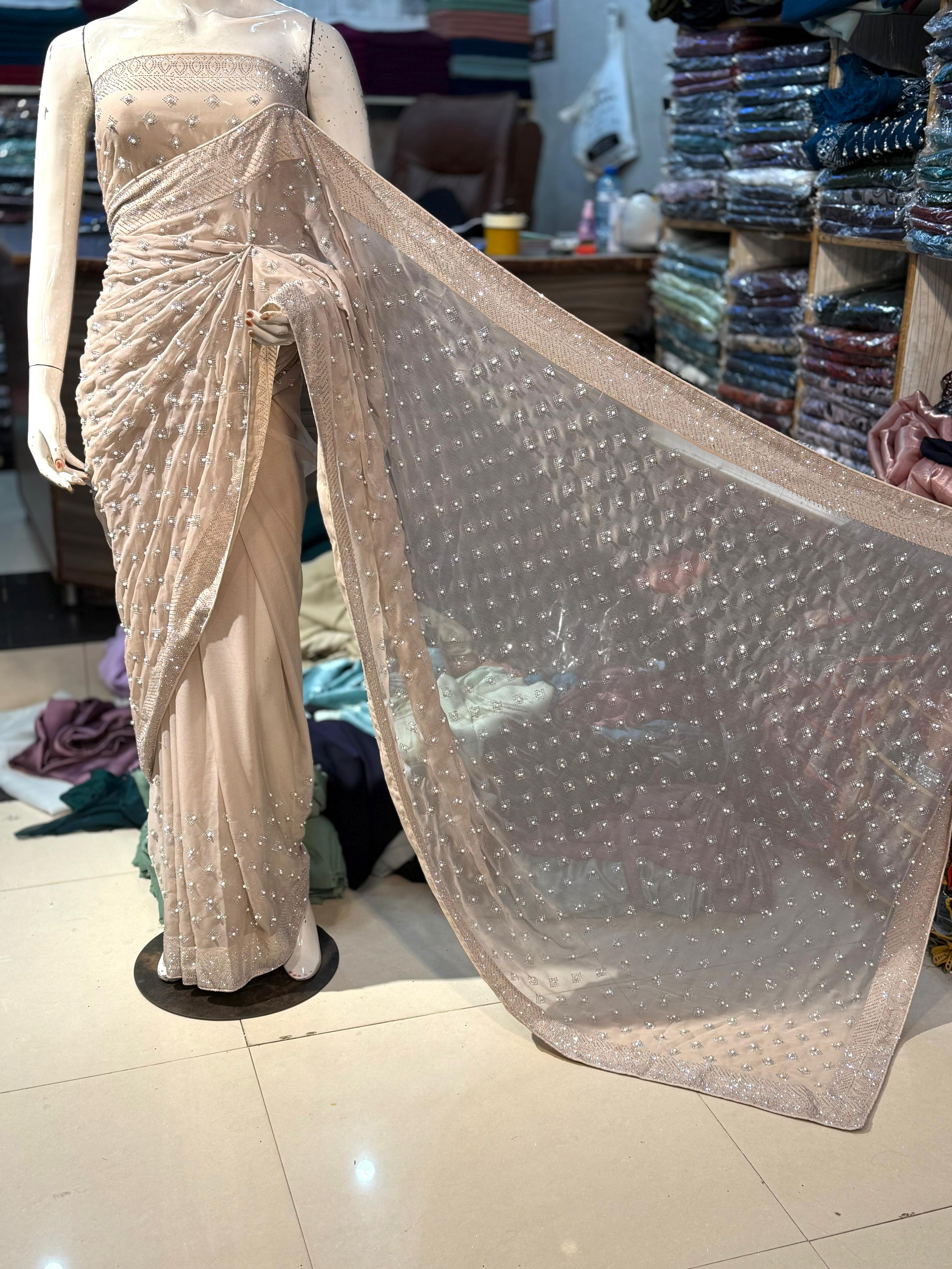 Chiffon Saree With Korean Stones & Pulse Work