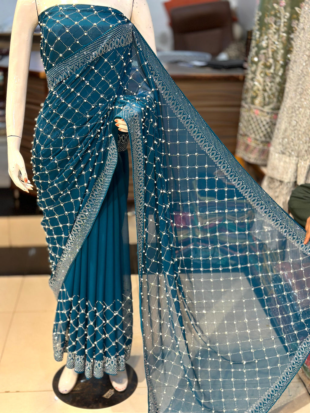 Chiffon Saree With Korean Stones & Pulse Work