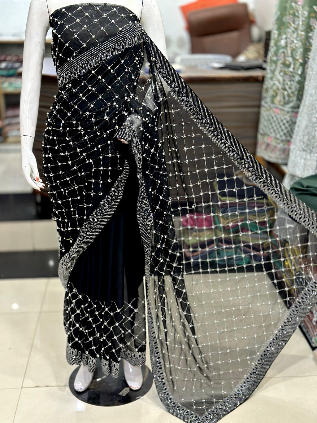Chiffon Saree With Korean Stones & Pulse Work