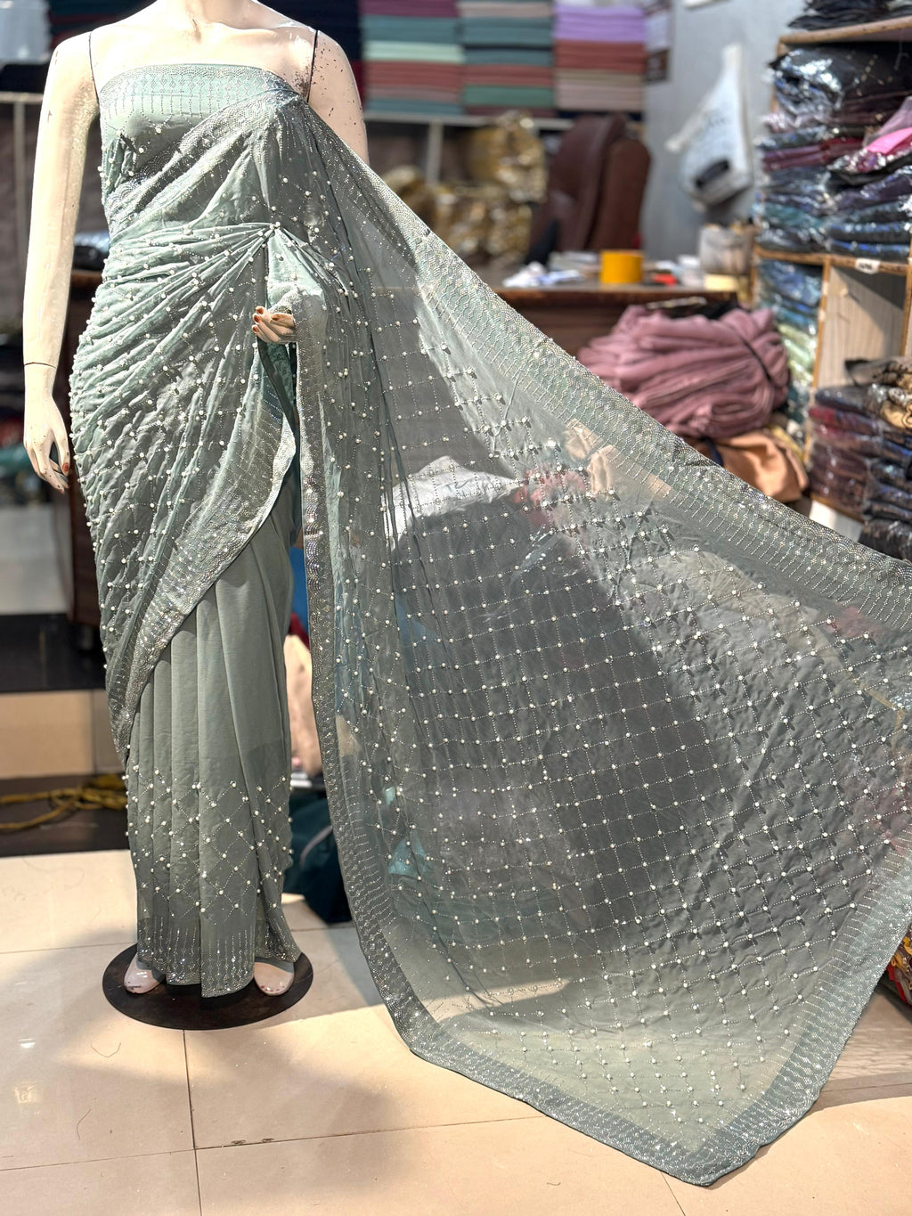 Chiffon Saree With Korean Stones & Pulse Work