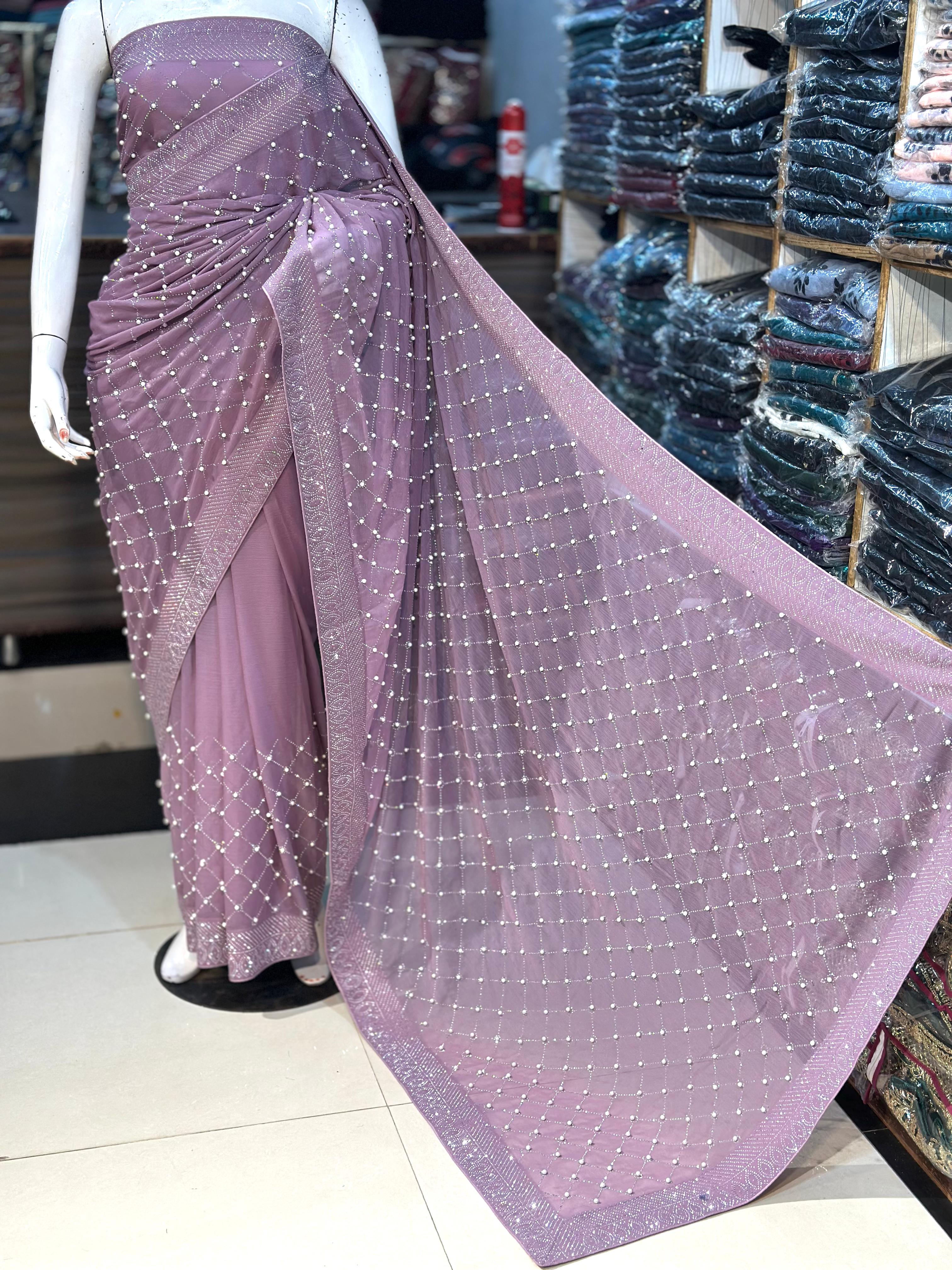 Chiffon Saree With Korean Stones & Pulse Work