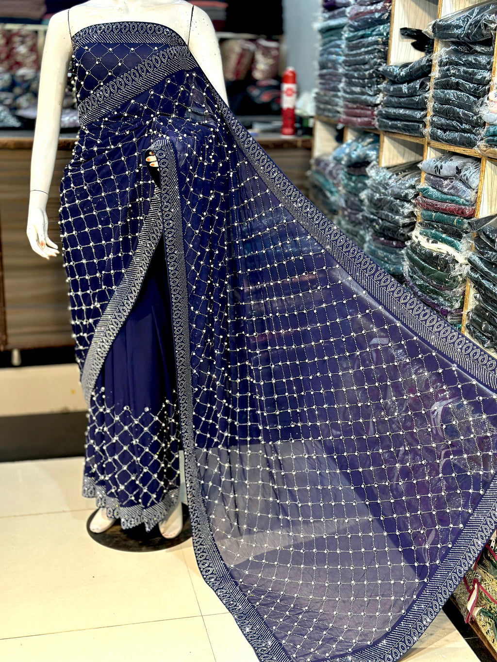 Chiffon Saree With Korean Stones & Pulse Work
