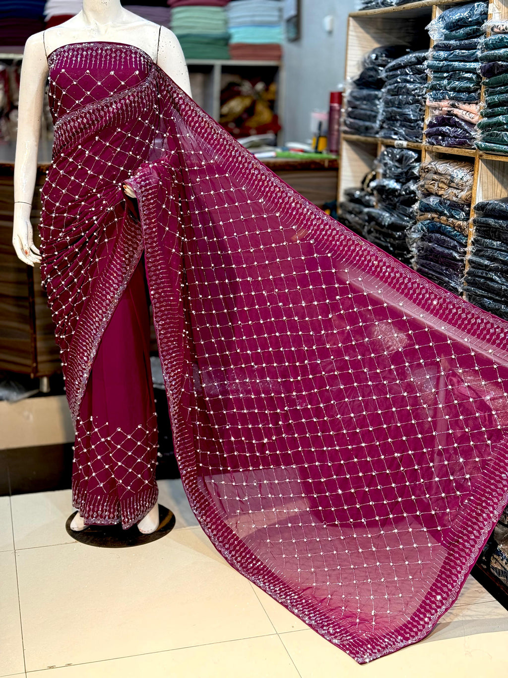 Chiffon Saree With Korean Stones & Pulse Work