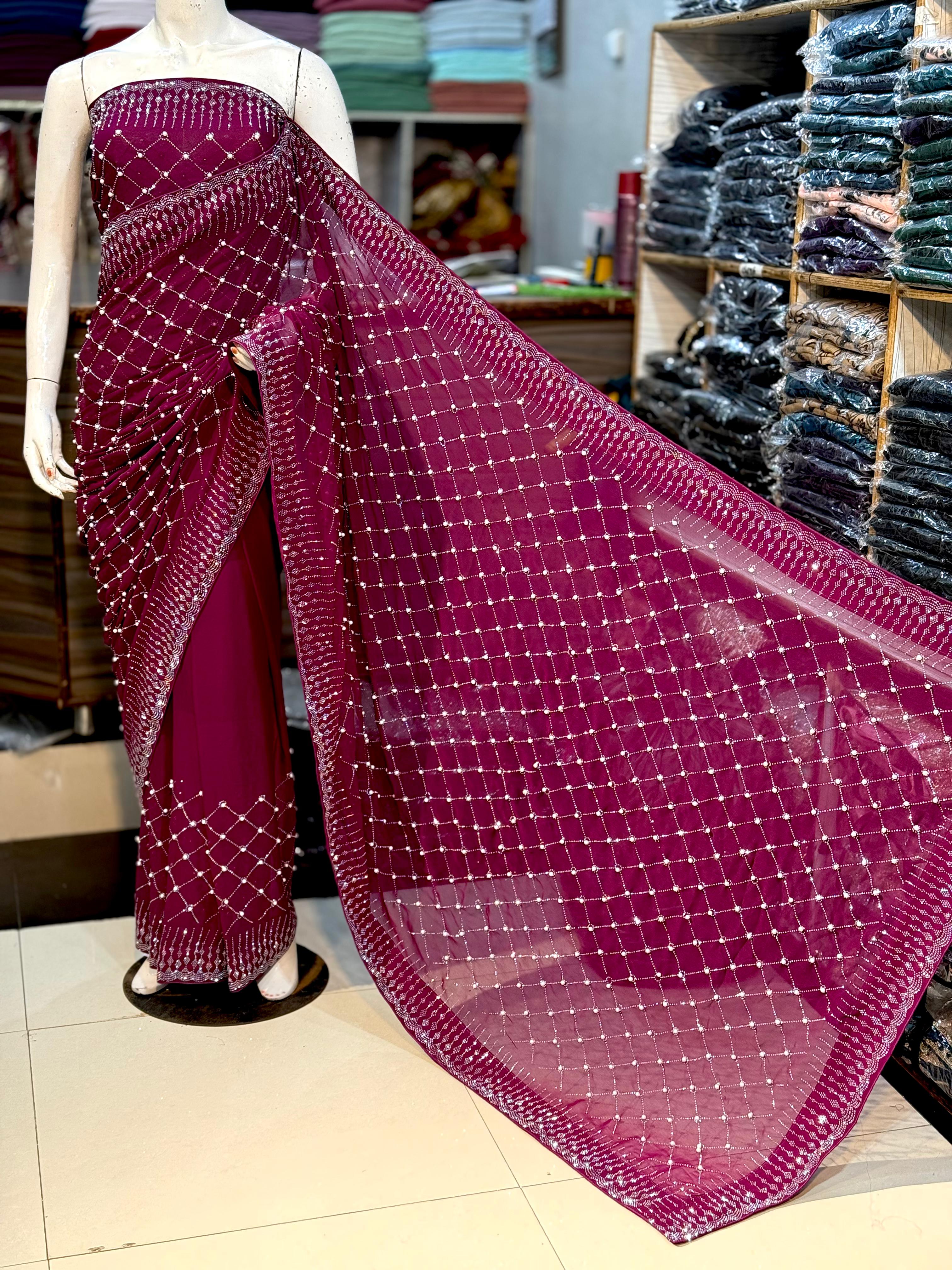 Chiffon Saree With Korean Stones & Pulse Work