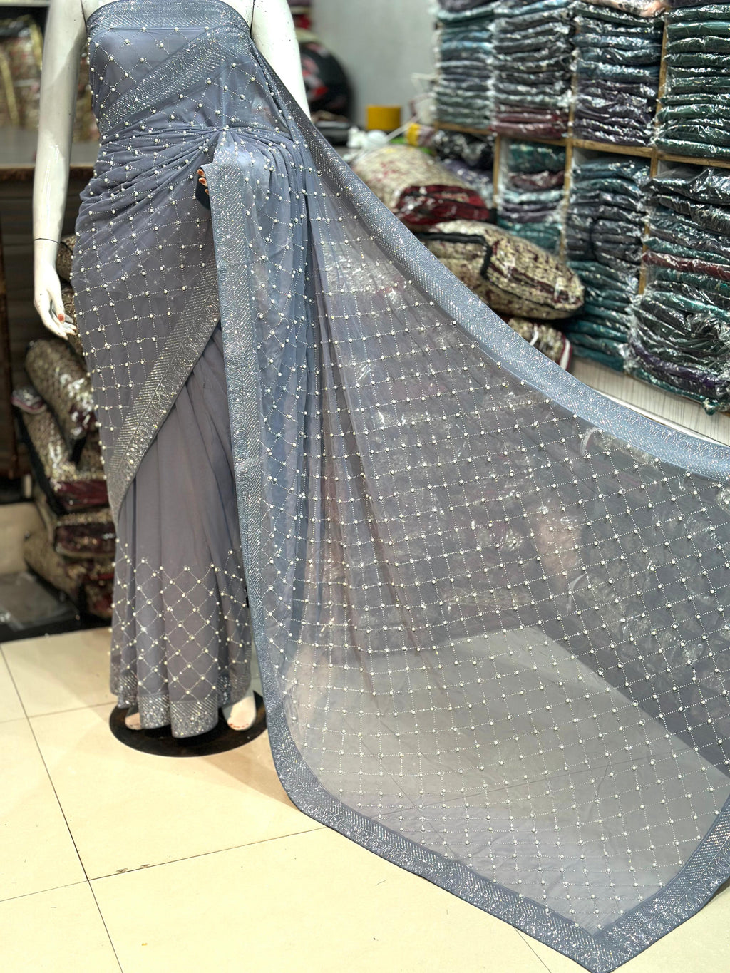 Chiffon Saree With Korean Stones & Pulse Work