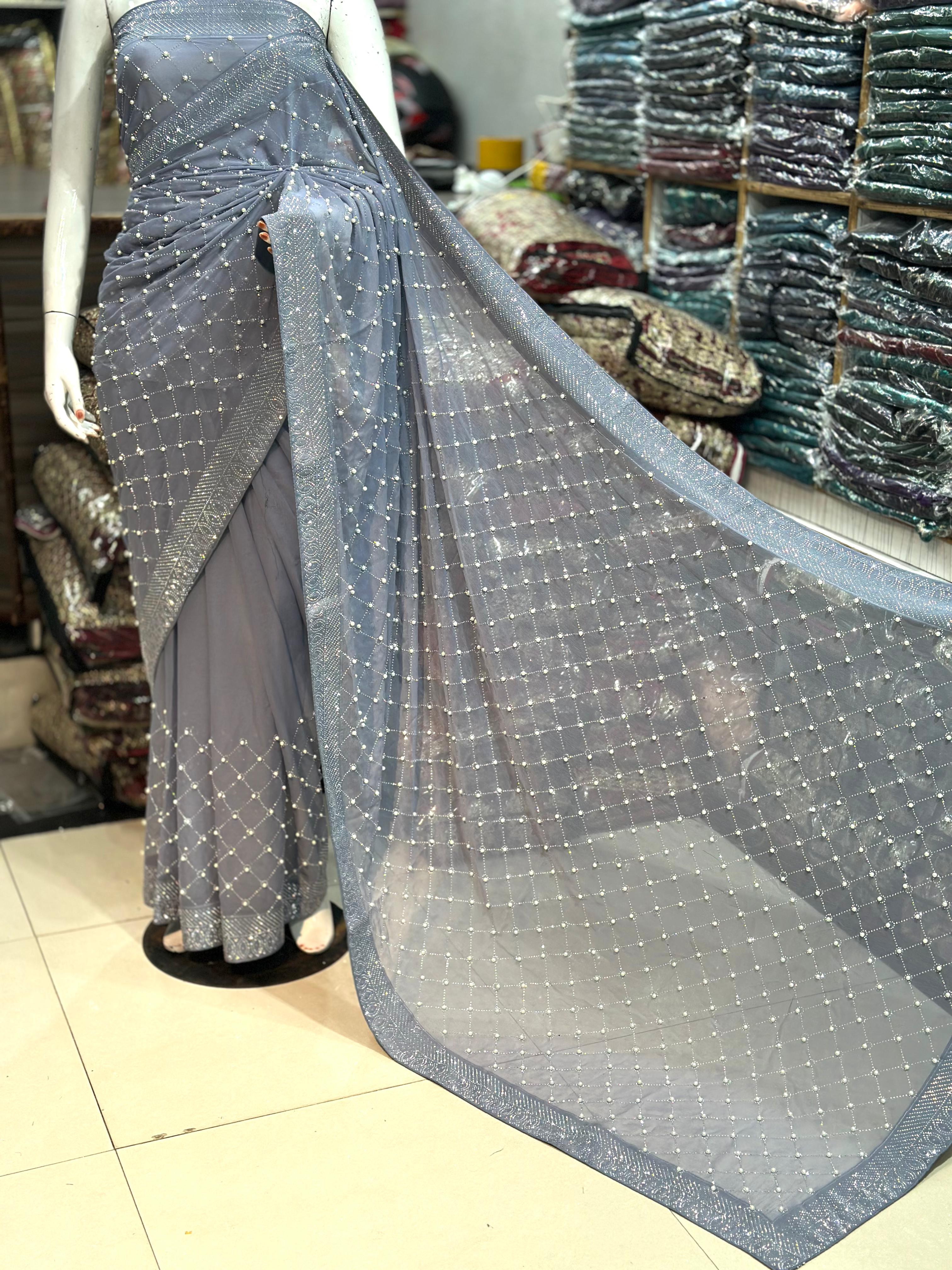 Chiffon Saree With Korean Stones & Pulse Work
