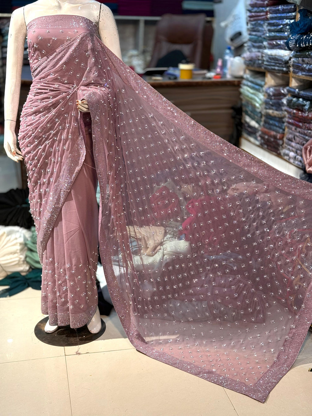 Chiffon Saree With Korean Stones & Pulse Work