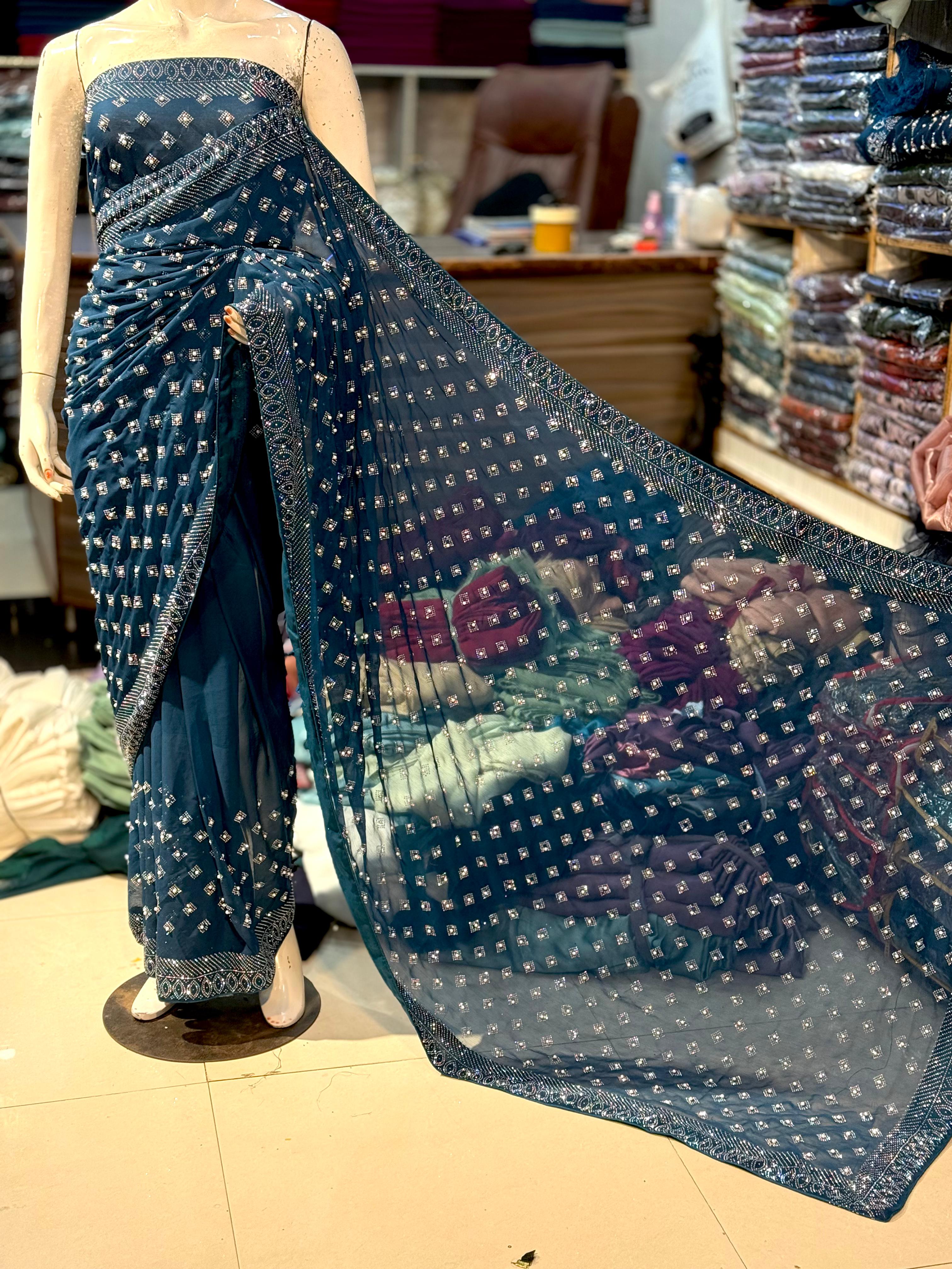 Chiffon Saree With Korean Stones & Pulse Work