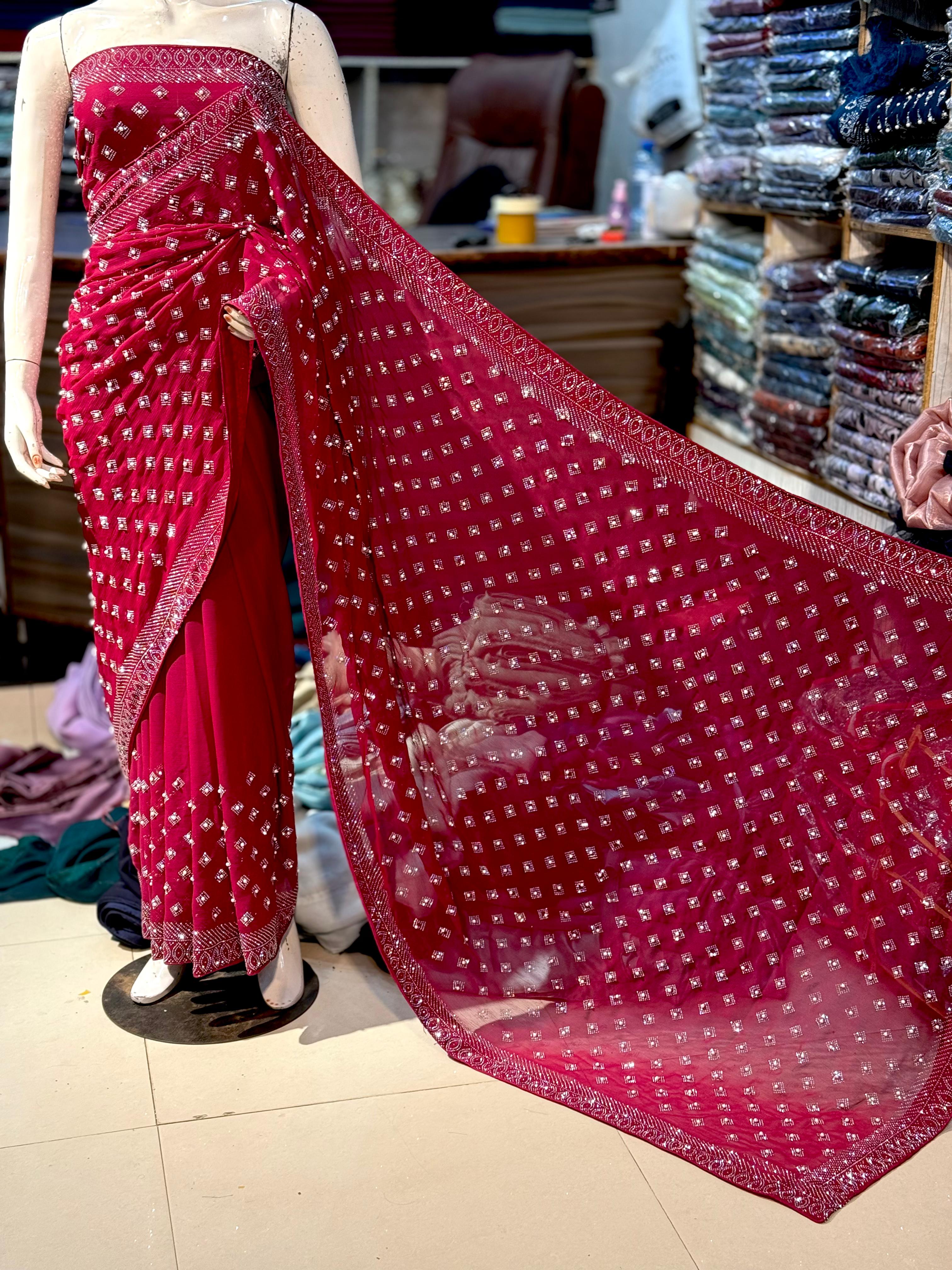 Chiffon Saree With Korean Stones & Pulse Work
