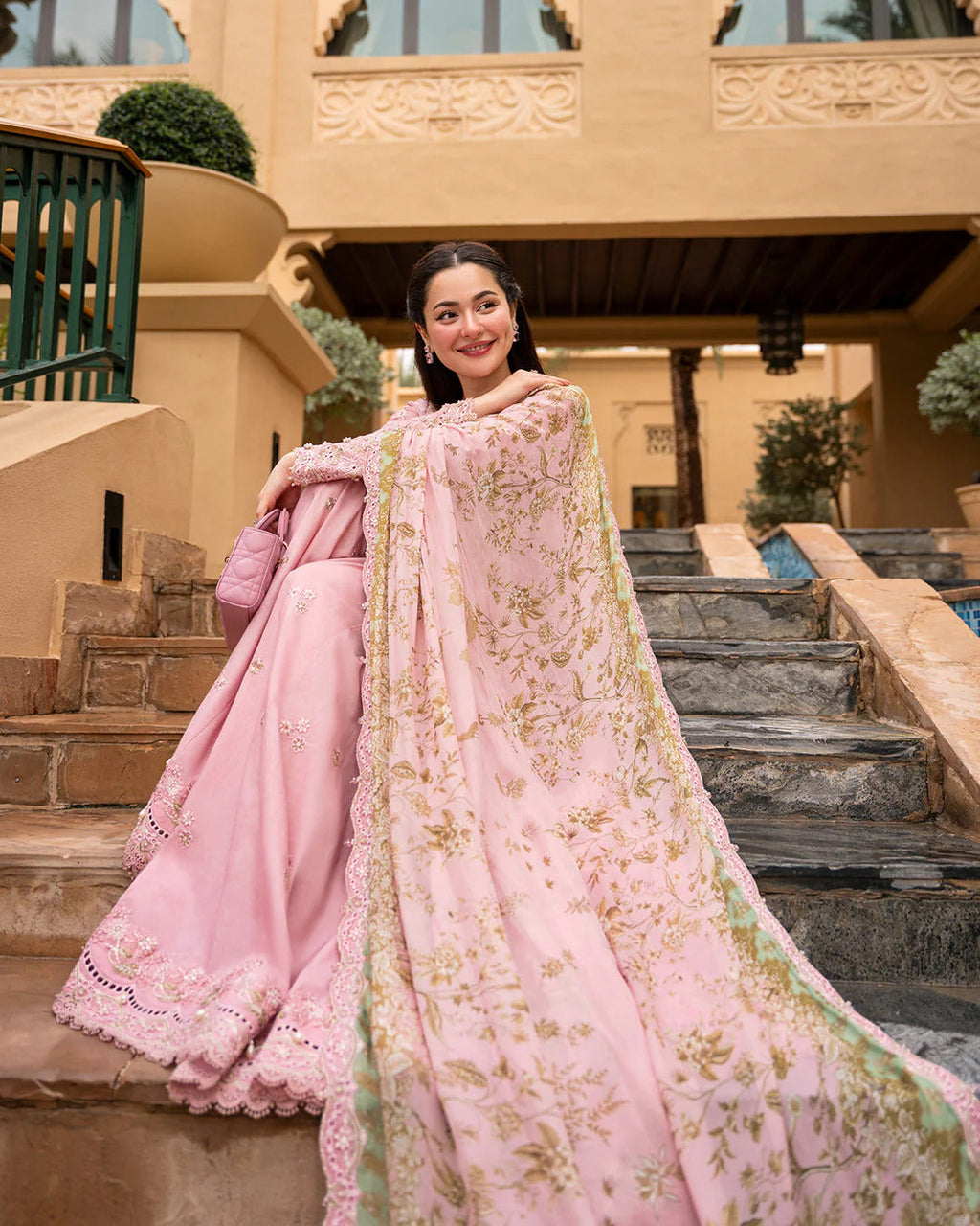 Tea Pink - 03 Piece Lawn Sharara Suit | Ready To Wear