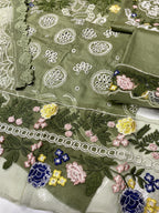 Sage Green Luxury Embroidered Cotton Suit with Net Khaddi Dupatta