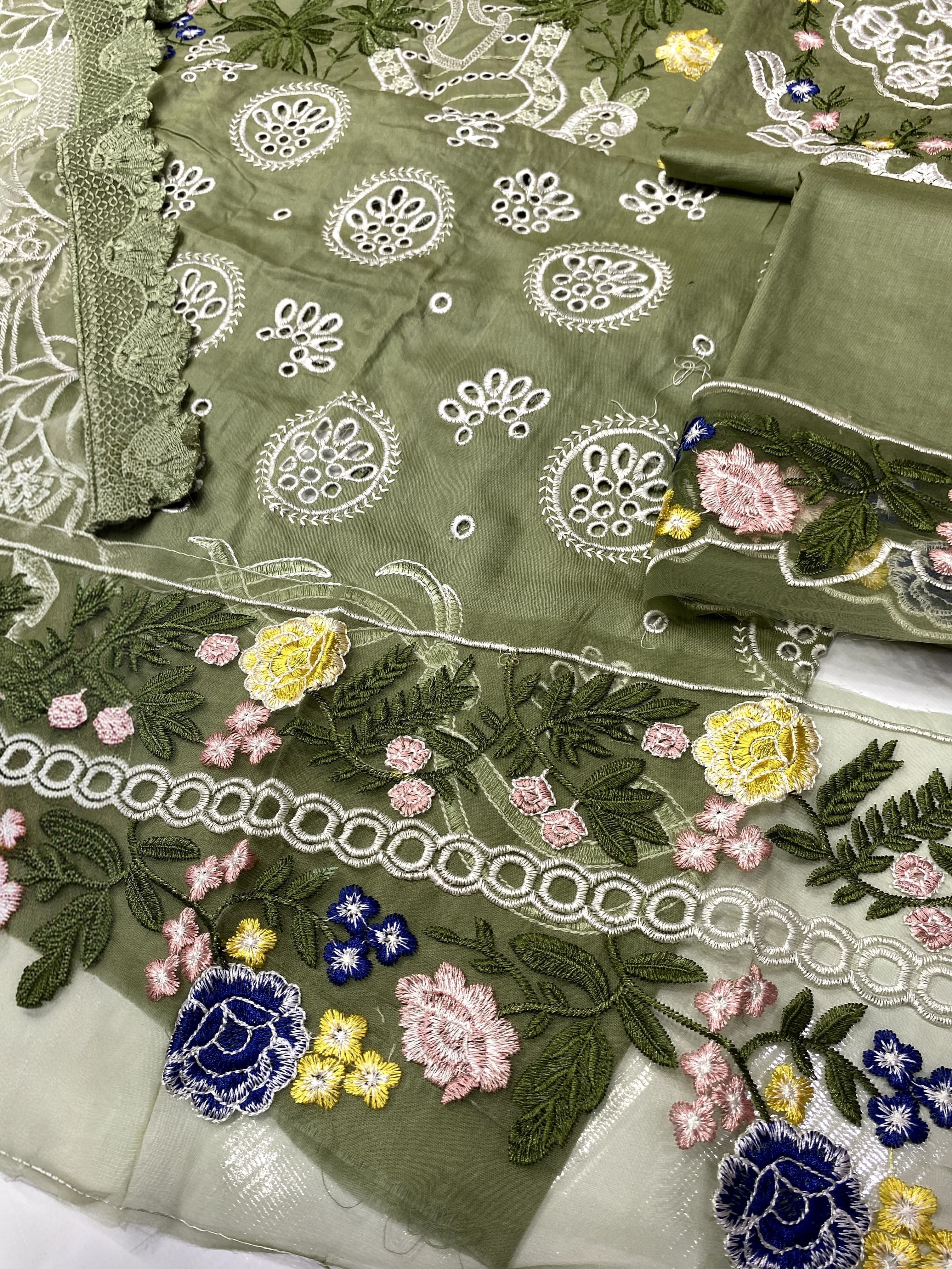 Sage Green Luxury Embroidered Cotton Suit with Net Khaddi Dupatta