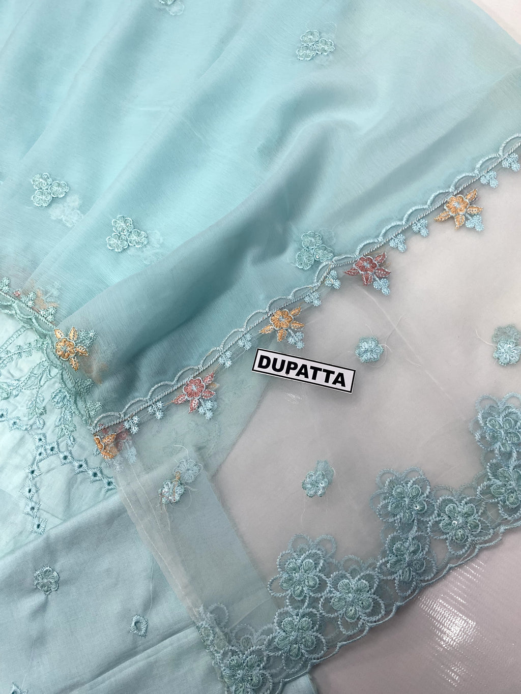 3-Piece Luxury Embroidered Cotton Suit with Soft Chiffon Dupatta - Mint Blue