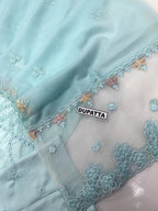 3-Piece Luxury Embroidered Cotton Suit with Soft Chiffon Dupatta - Mint Blue