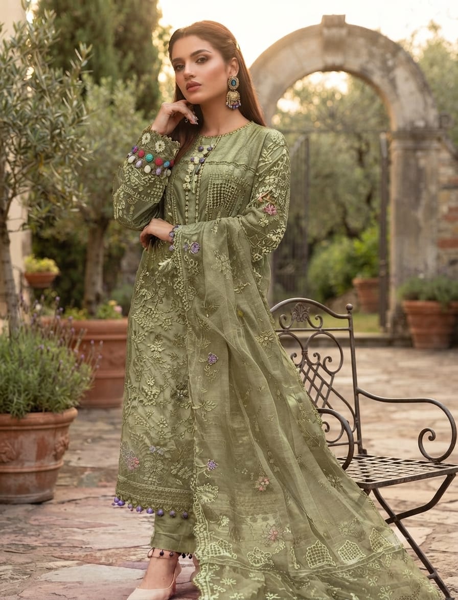 Sage Green Luxury Embroidered Cotton Suit with Net Khaddi Dupatta