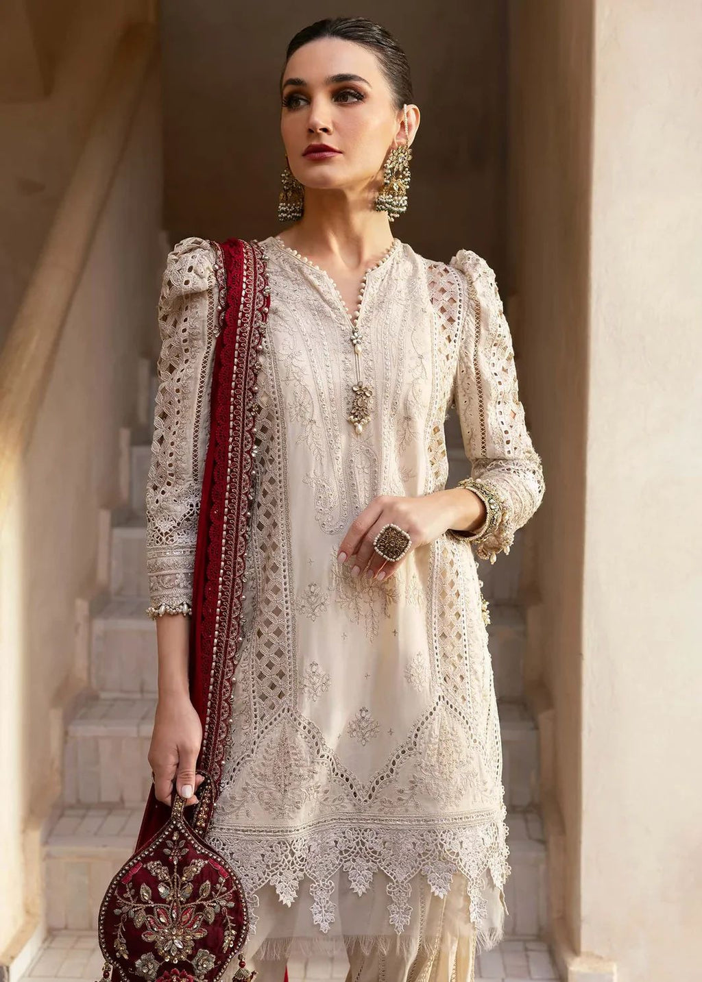 Ivory Luxe Lawn Embroidered 3-Piece Suit with Crimson Dupatta