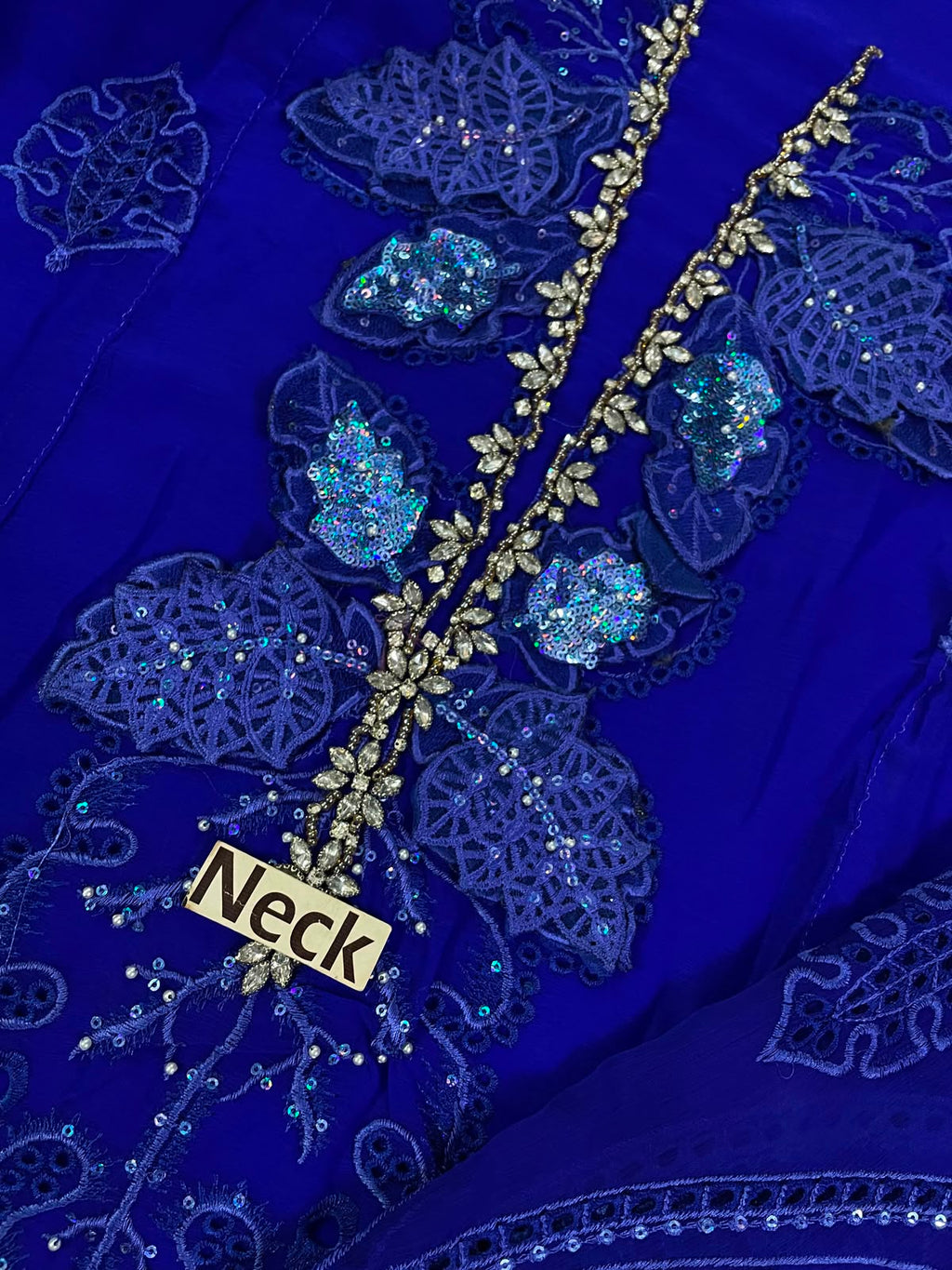 Royal Blue Embellished Chiffon Evening Gown – Elegant Floral Embroidered Occasion Wear