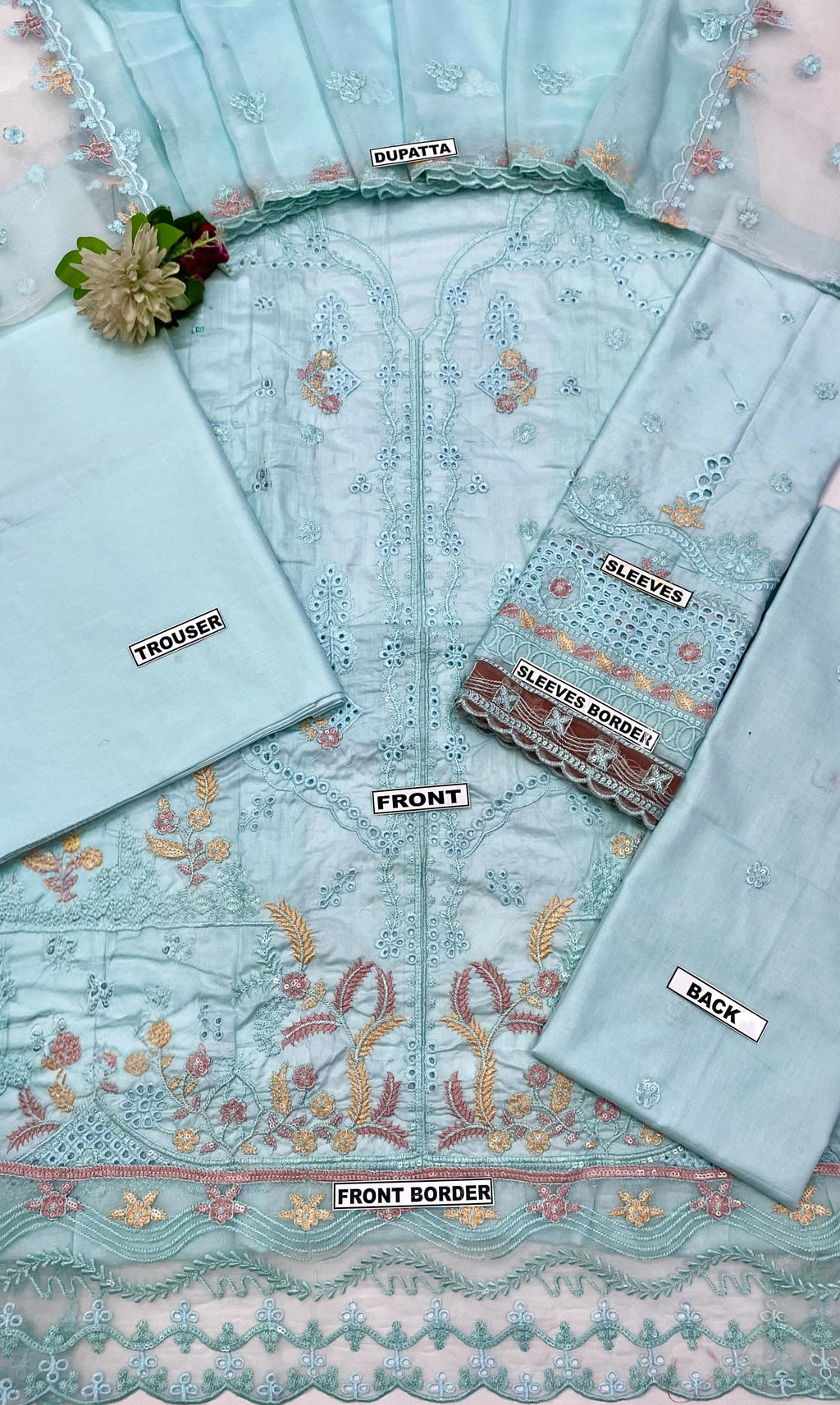 3-Piece Luxury Embroidered Cotton Suit with Soft Chiffon Dupatta - Mint Blue