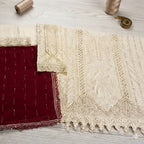 Ivory Luxe Lawn Embroidered 3-Piece Suit with Crimson Dupatta