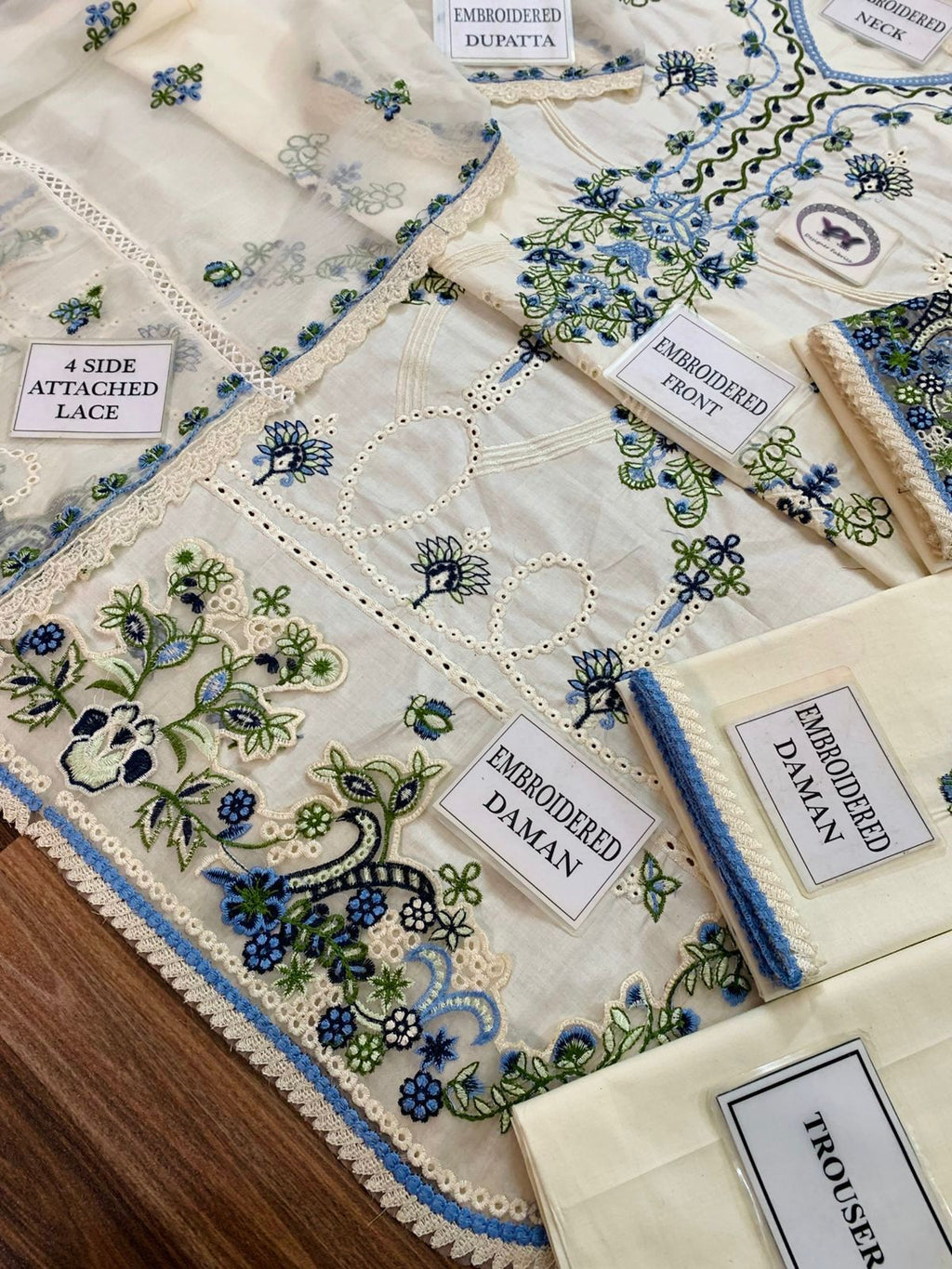 3-Piece Luxury Embroidered Cotton Suit with Embroidered Chiffon Dupatta - Off-White & Blue
