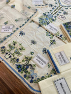 3-Piece Luxury Embroidered Cotton Suit with Embroidered Chiffon Dupatta - Off-White & Blue