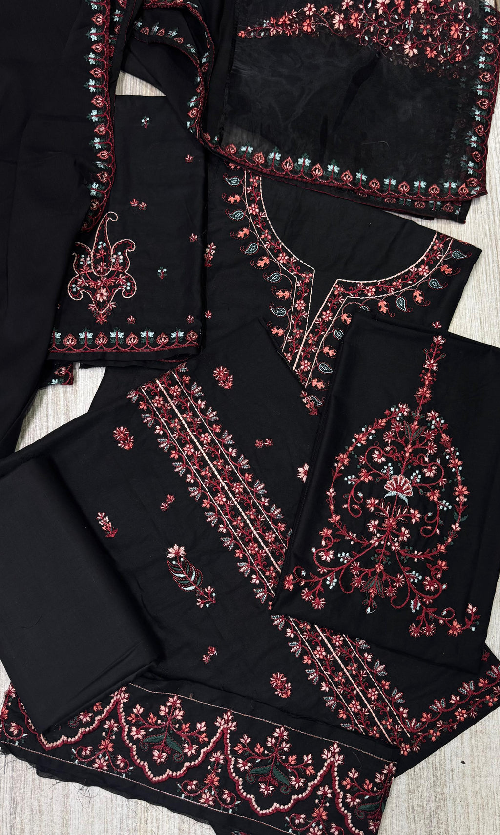 Elegant Embroidered Black Cambric Cotton Kurta with Semi-Chiffon Dupatta