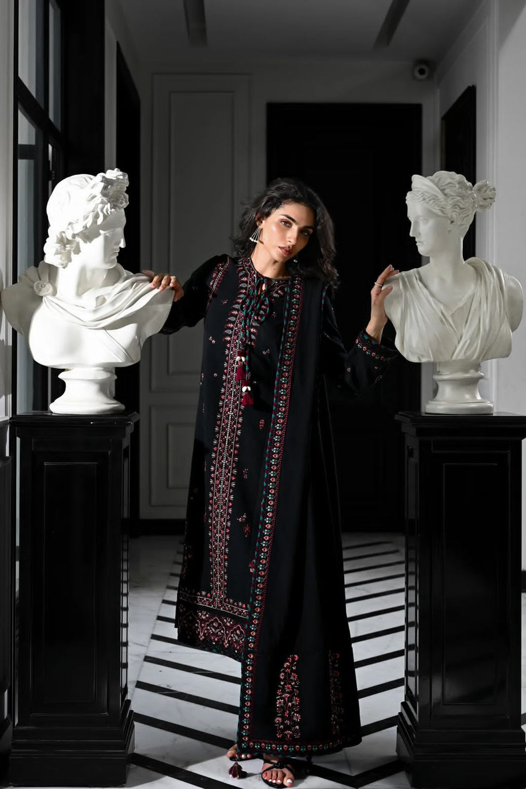 Elegant Embroidered Black Cambric Cotton Kurta with Semi-Chiffon Dupatta