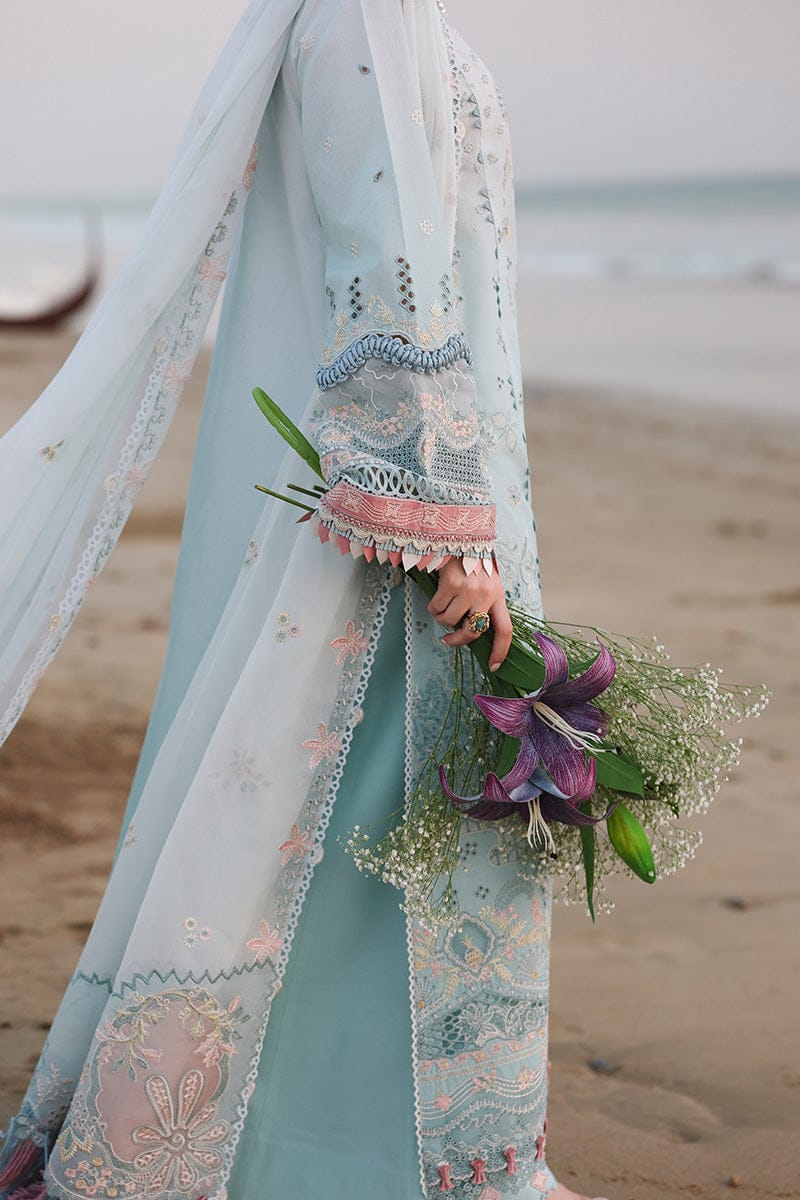 3-Piece Luxury Embroidered Cotton Suit with Soft Chiffon Dupatta - Mint Blue