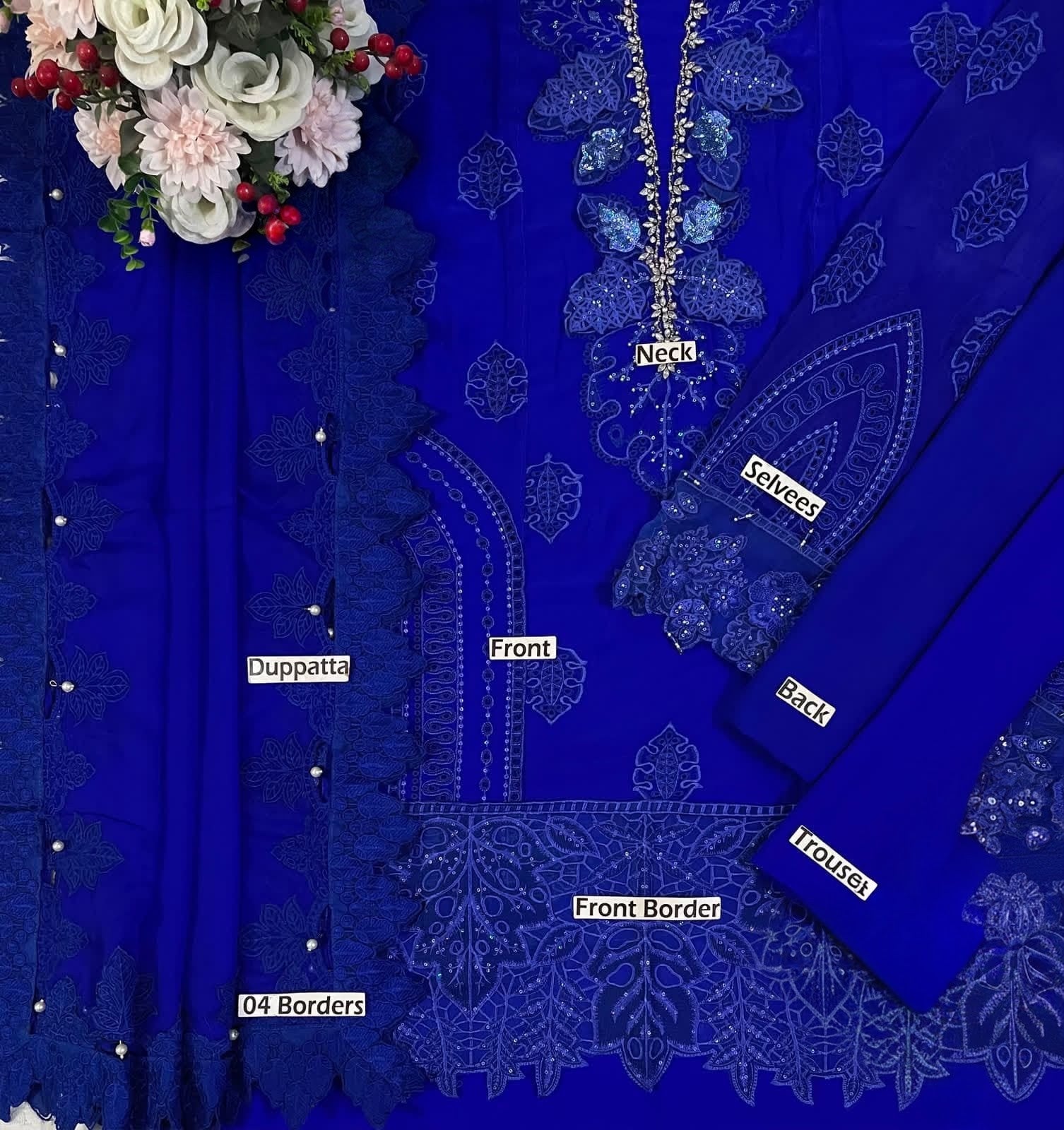 Royal Blue Embellished Chiffon Evening Gown – Elegant Floral Embroidered Occasion Wear