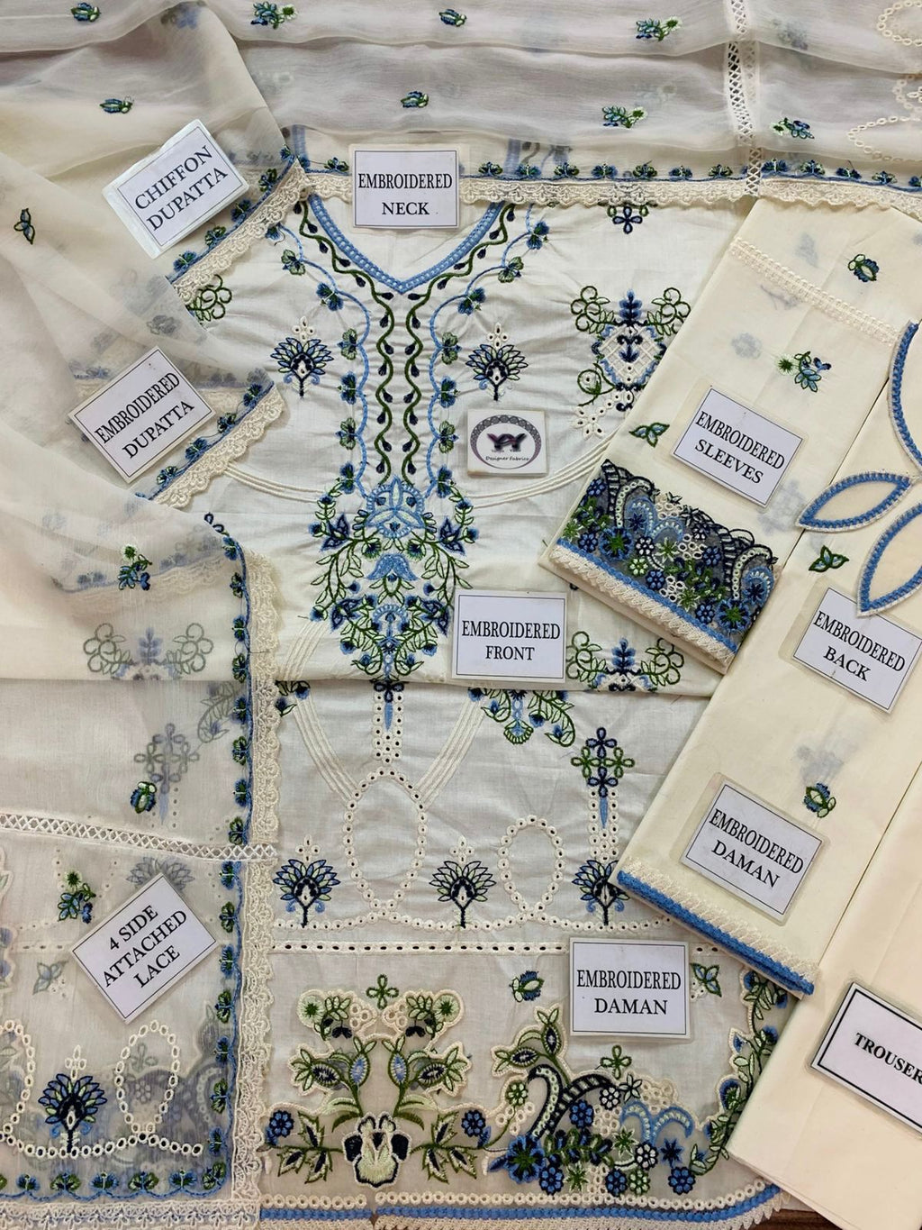 3-Piece Luxury Embroidered Cotton Suit with Embroidered Chiffon Dupatta - Off-White & Blue