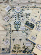 3-Piece Luxury Embroidered Cotton Suit with Embroidered Chiffon Dupatta - Off-White & Blue