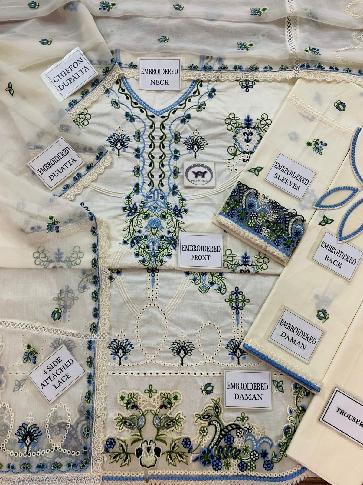 3-Piece Luxury Embroidered Cotton Suit with Embroidered Chiffon Dupatta - Off-White & Blue