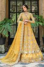 Luxury Mustard Yellow Embroidered Pakistani Bridal Maxi with Handcrafted Dupatta & Wide-Leg Trousers