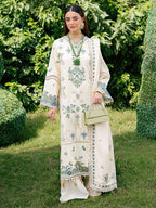 3-Piece Luxury Embroidered Cotton Suit with Embroidered Chiffon Dupatta - Off-White & Blue