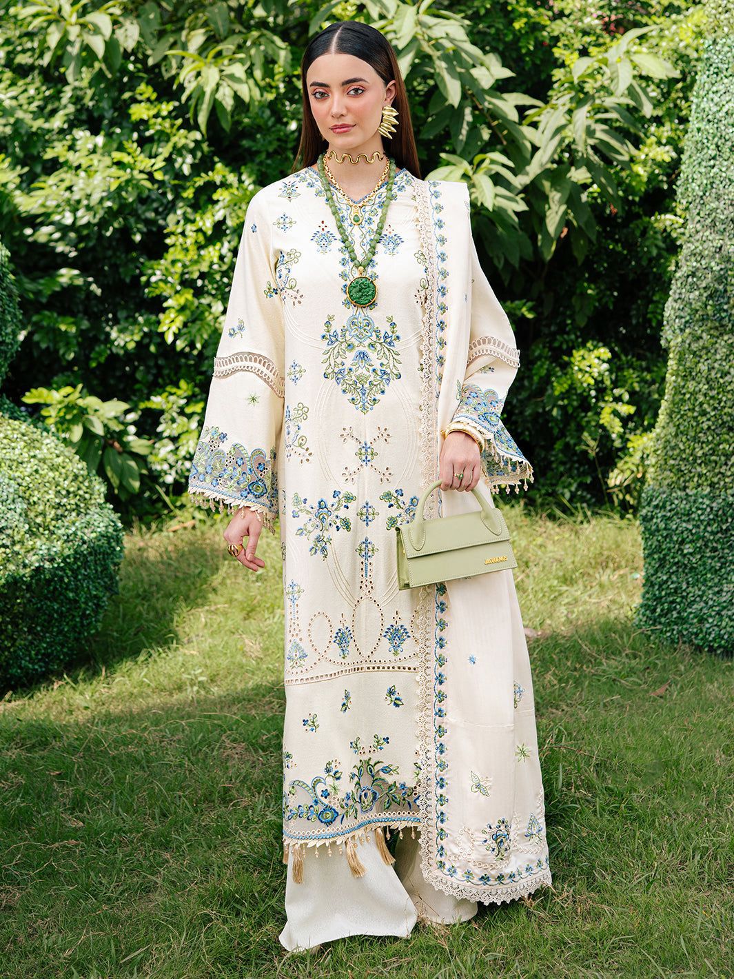3-Piece Luxury Embroidered Cotton Suit with Embroidered Chiffon Dupatta - Off-White & Blue