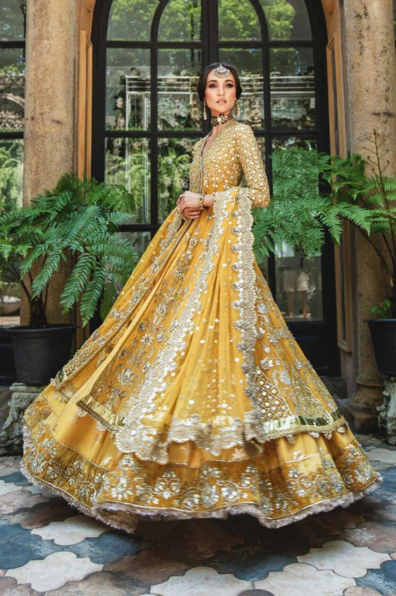 Luxury Mustard Yellow Embroidered Pakistani Bridal Maxi with Handcrafted Dupatta & Wide-Leg Trousers