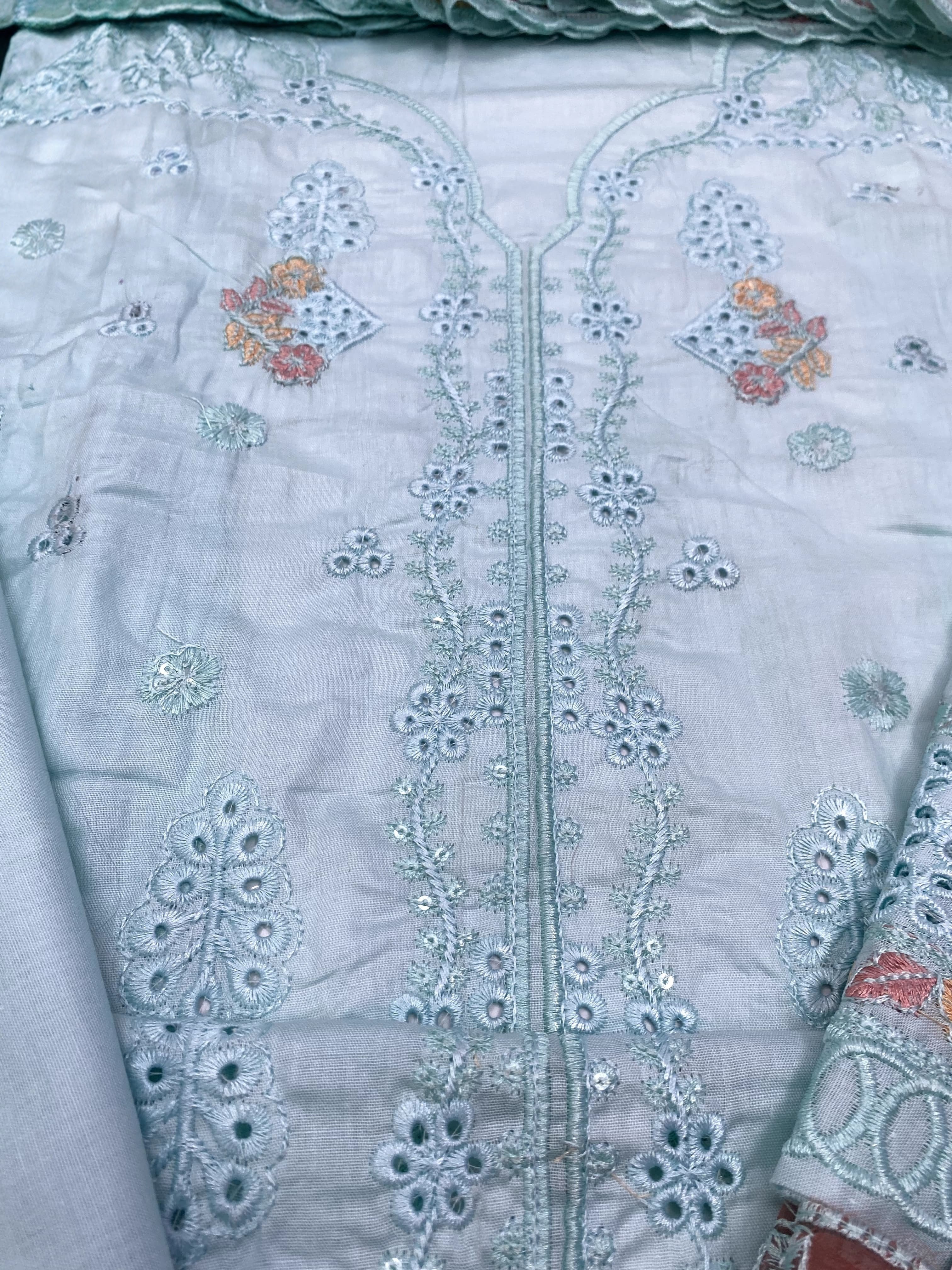 3-Piece Luxury Embroidered Cotton Suit with Soft Chiffon Dupatta - Mint Blue