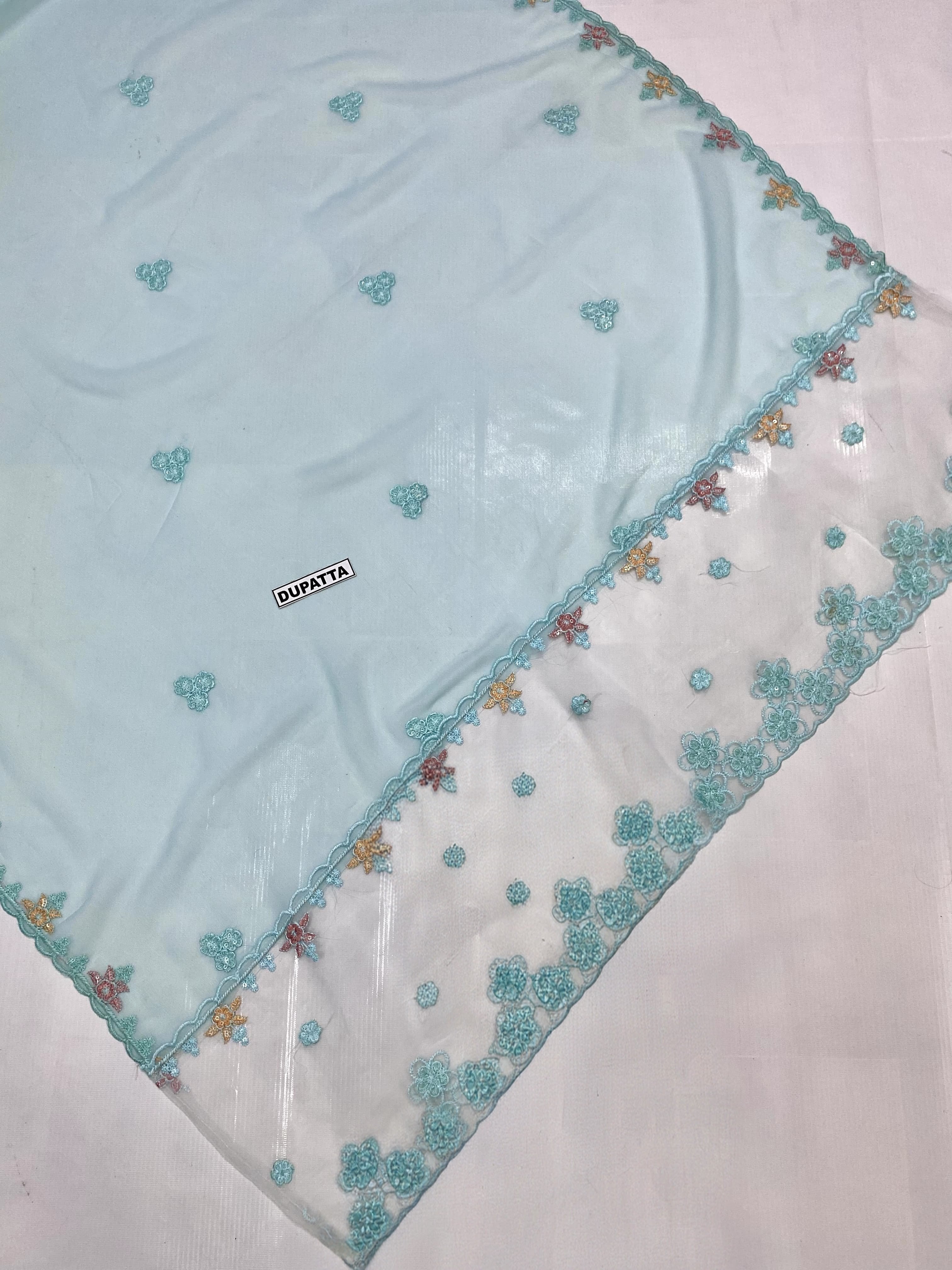 3-Piece Luxury Embroidered Cotton Suit with Soft Chiffon Dupatta - Mint Blue
