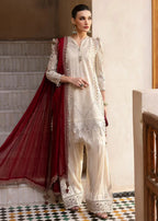 Ivory Luxe Lawn Embroidered 3-Piece Suit with Crimson Dupatta