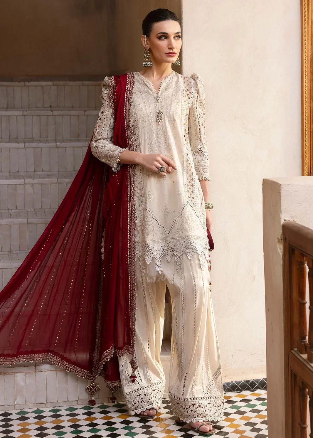 Ivory Luxe Lawn Embroidered 3-Piece Suit with Crimson Dupatta